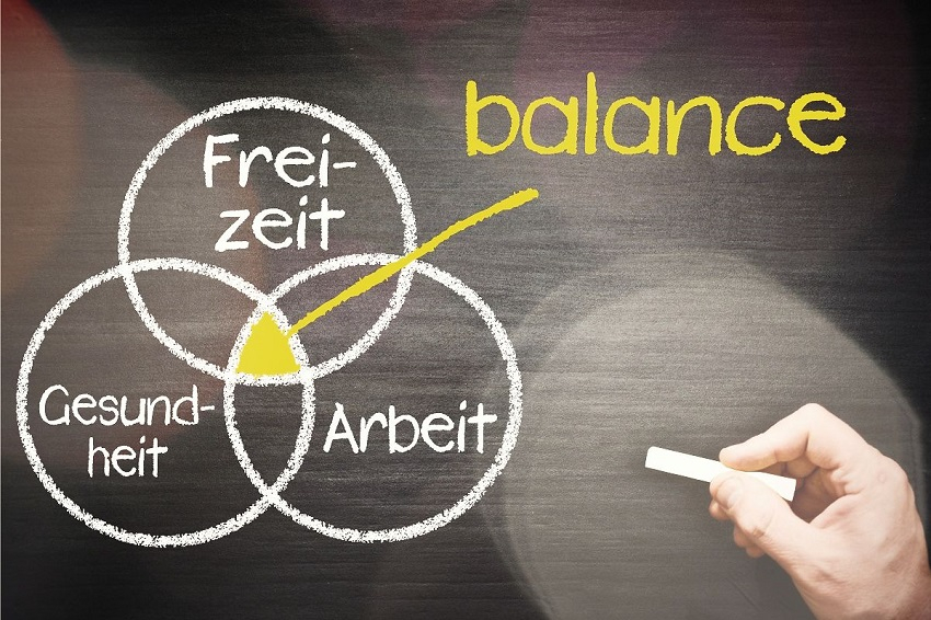 Drei sich schneidende Kreise mit den jeweiligen Themen Arbeit, Gesundheit und Freizeit. &Uuml;berschneidung der Kreise soll die Balance darstellen.